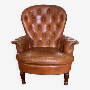 Chesterfield style cognac leather armchair