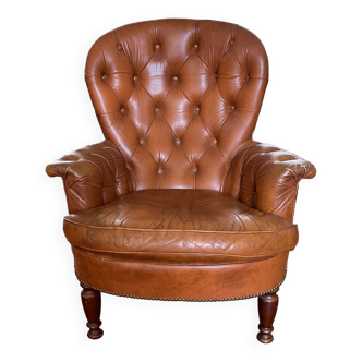 Chesterfield style cognac leather armchair