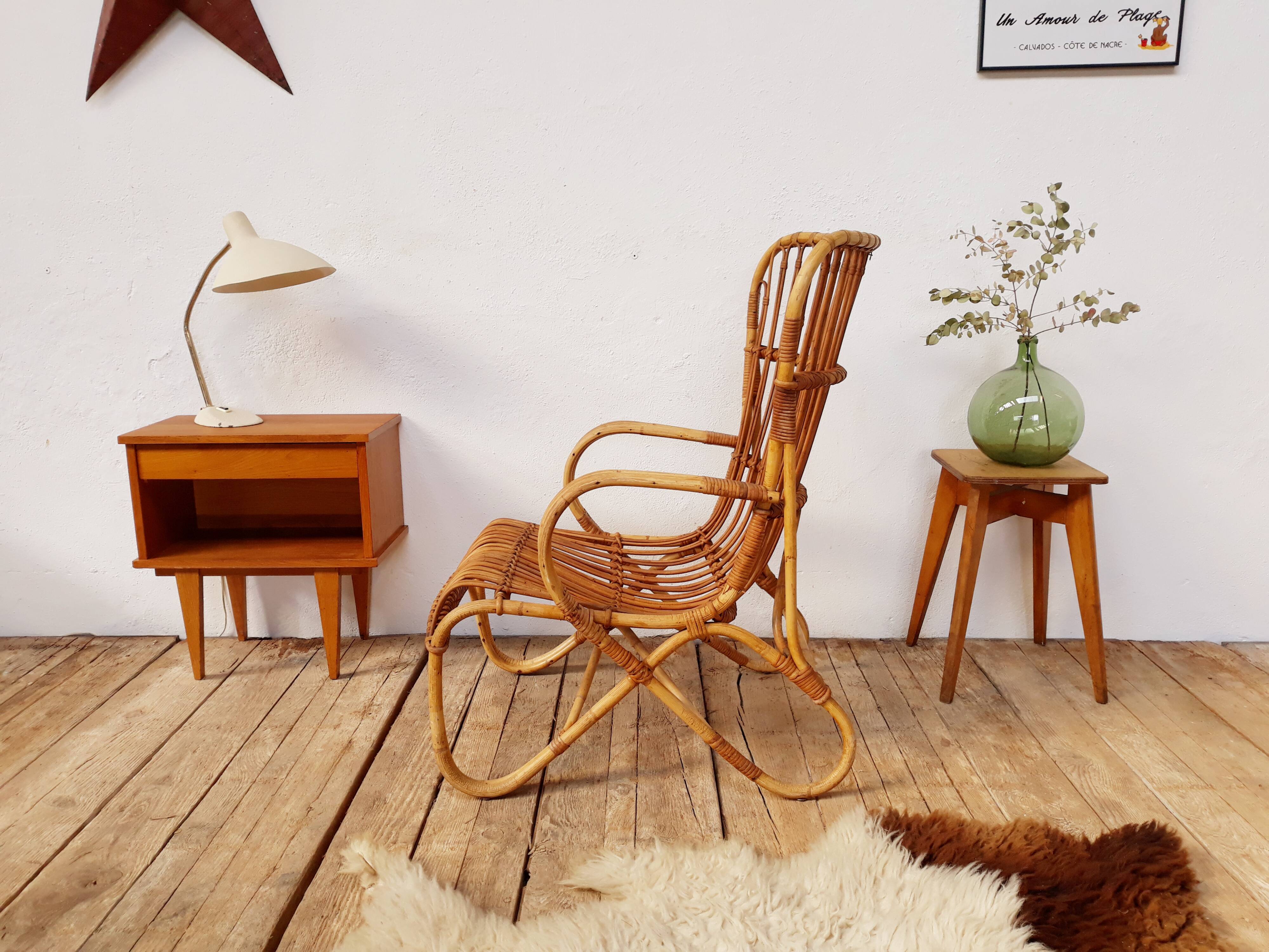 Louis Sognot vintage rattan armchair