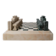 Vintage marble chess set from the 1970s, green and beige stone board, heavy design, geometric pieces, sculptural tabletop game, gift idea.