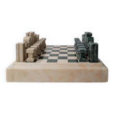 Vintage marble chess set from the 1970s, green and beige stone board, heavy design, geometric pieces, sculptural tabletop game, gift idea.