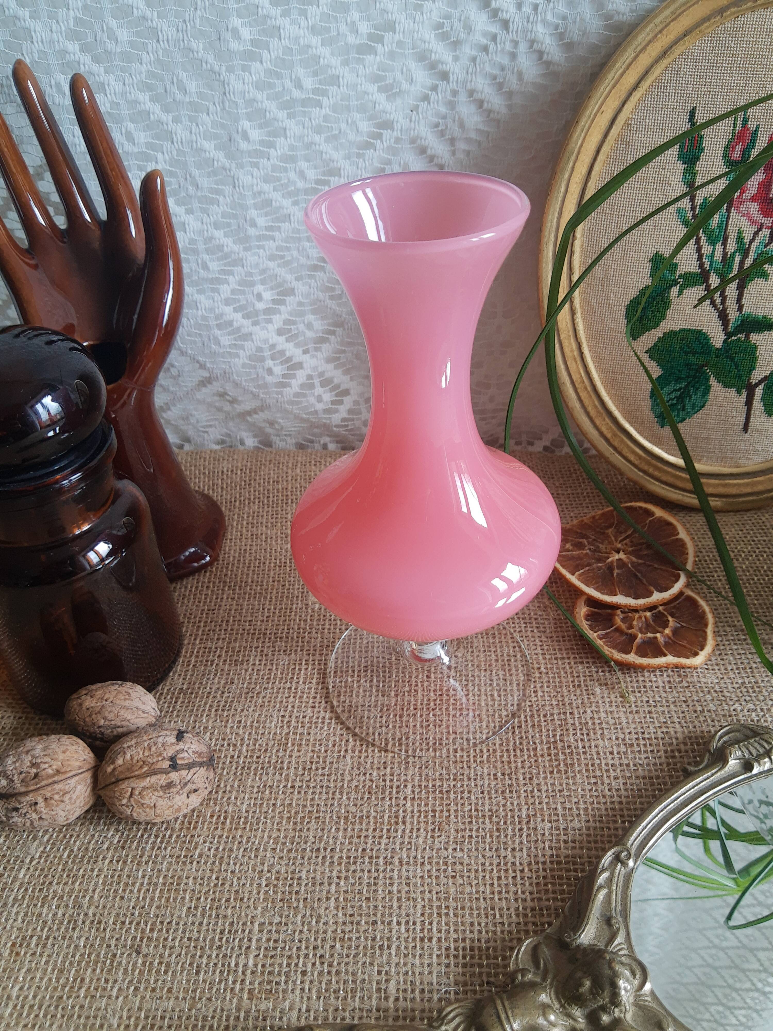 Pink opaline soliflore vase and vintage transparent foot