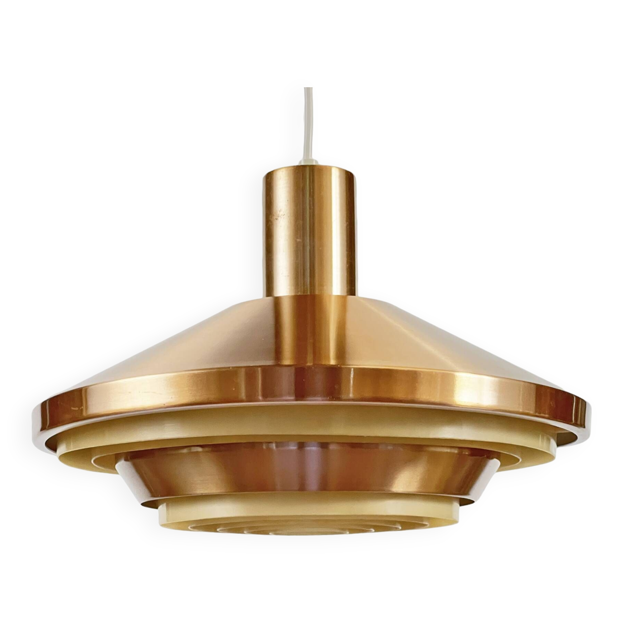 Copper colored aluminum pendant light from Lyskaer belysning. Denmark 1970s