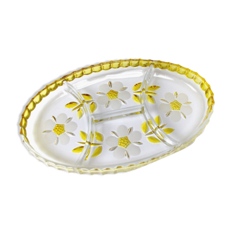 Large compartmentalized dish in Walther Glass crystal / Aperitif dish pattern flowers / German vintage