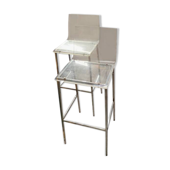 Set of 2 transparent Plexiglas bar chairs, chrome legs