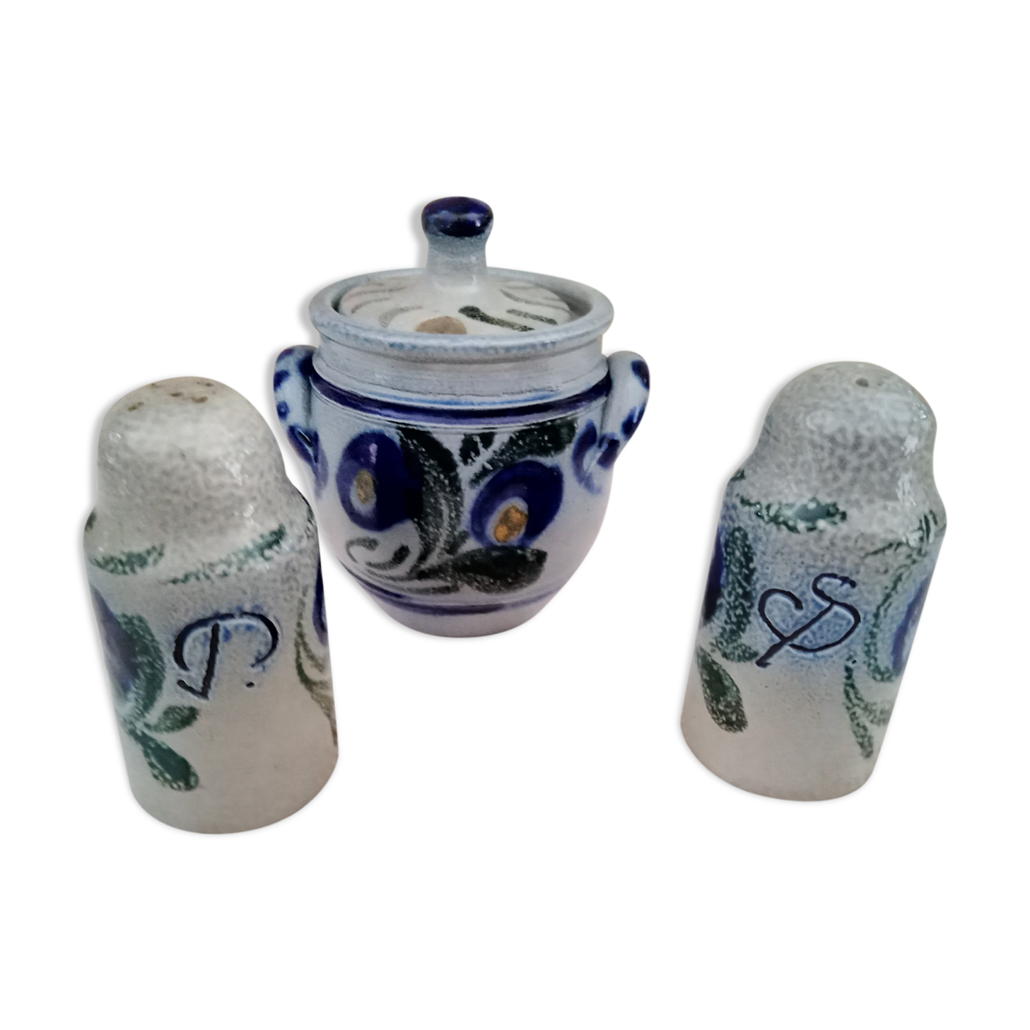 Ensemble de salière, poivrière et moutardier en grès bleu Betschdorf d'Alsace