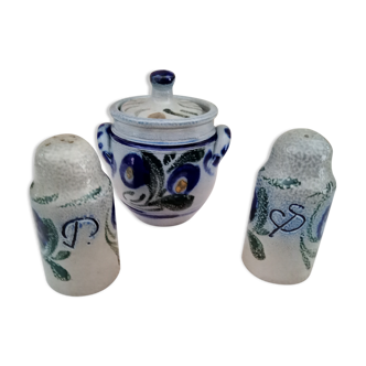 Set of salt shaker, pepper and moutardier in blue sandstone Betschdorf of Alsace