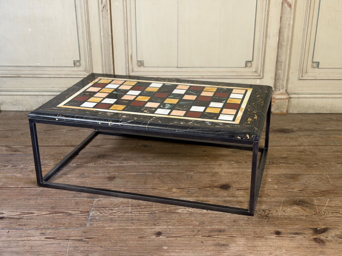 Coffee table, marble samples, custom metal base.