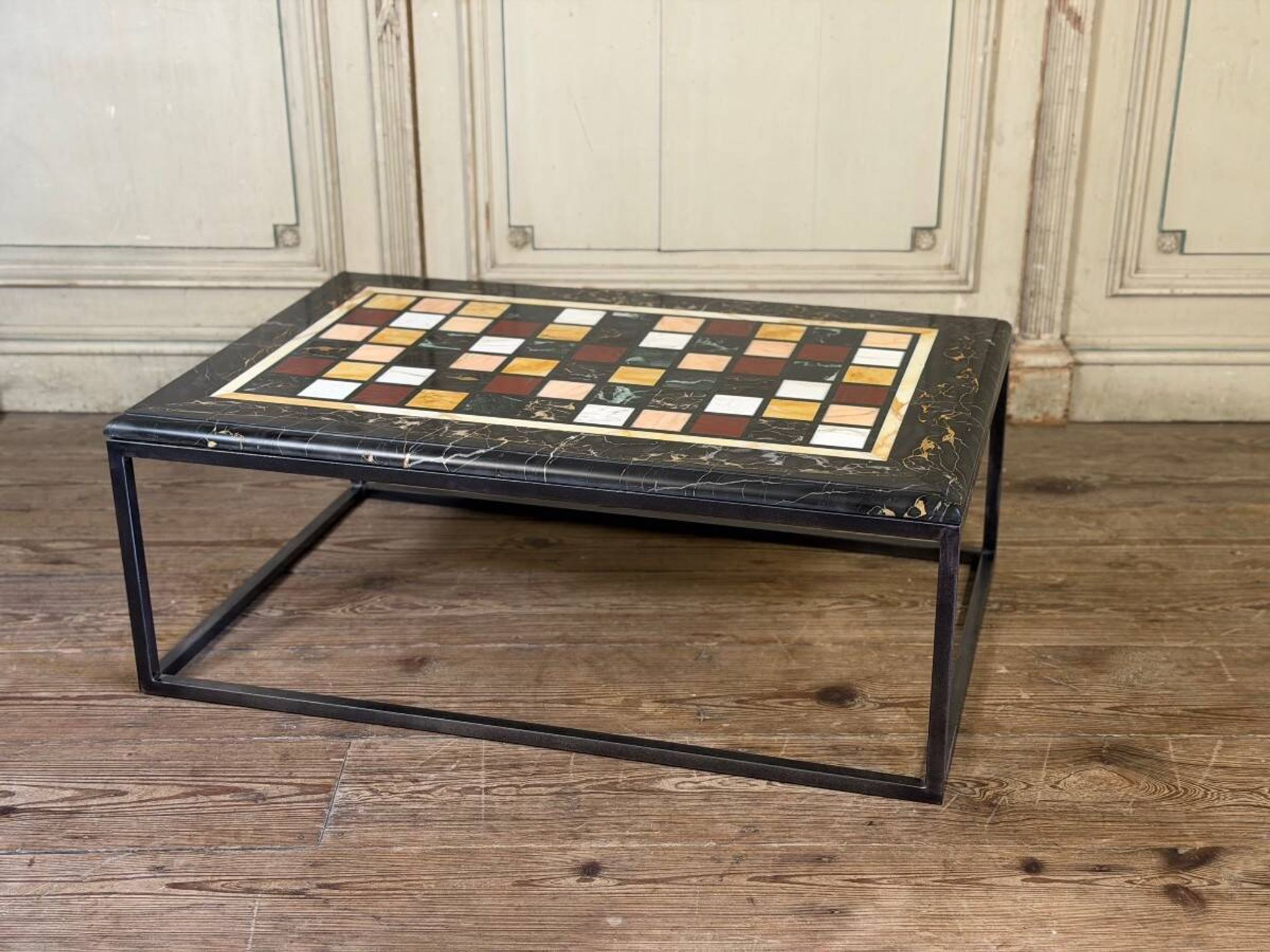 Coffee table, marble samples, custom metal base.