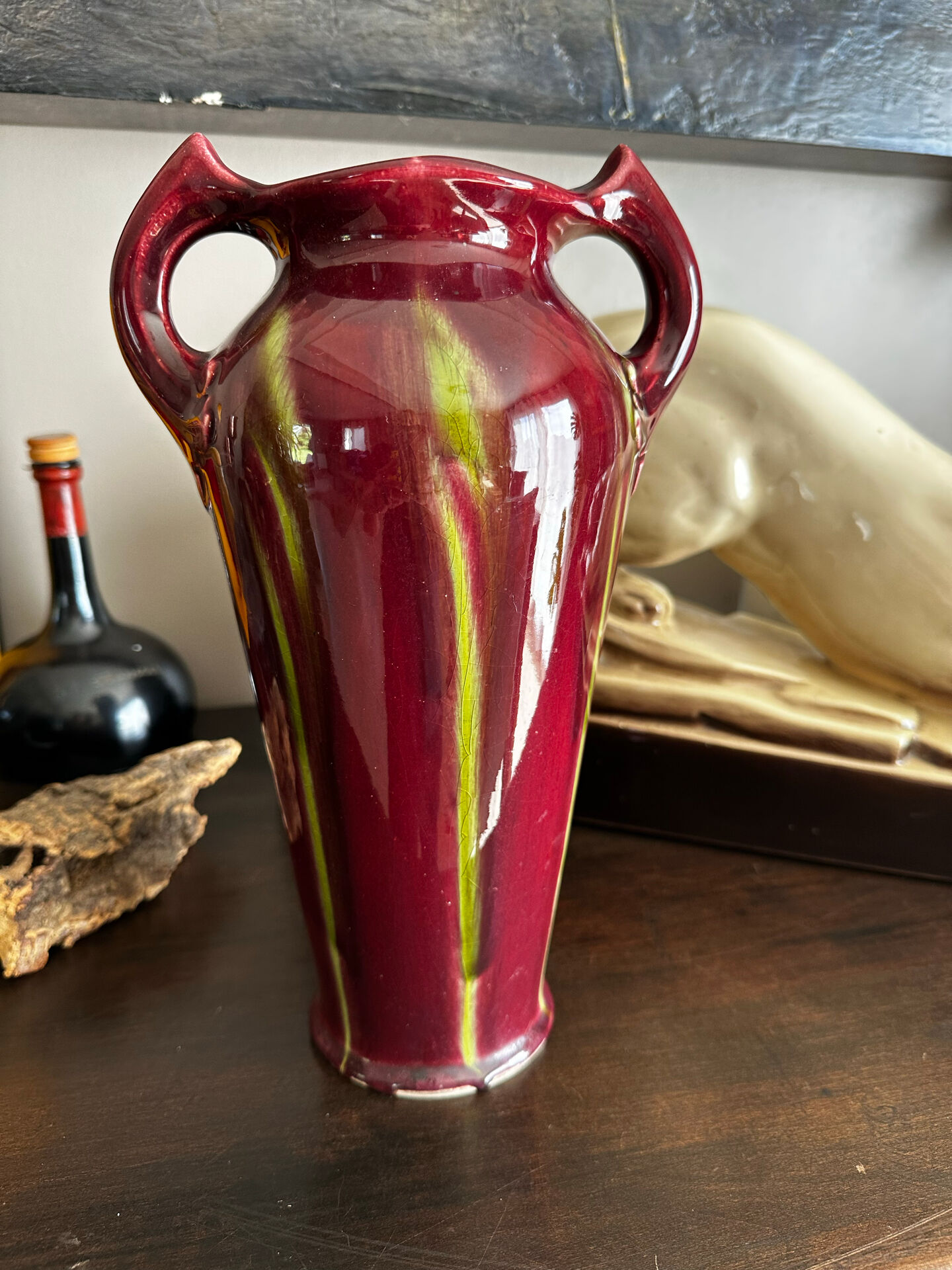 Superb Art Nouveau vase, glazed ceramic in blood red/green.