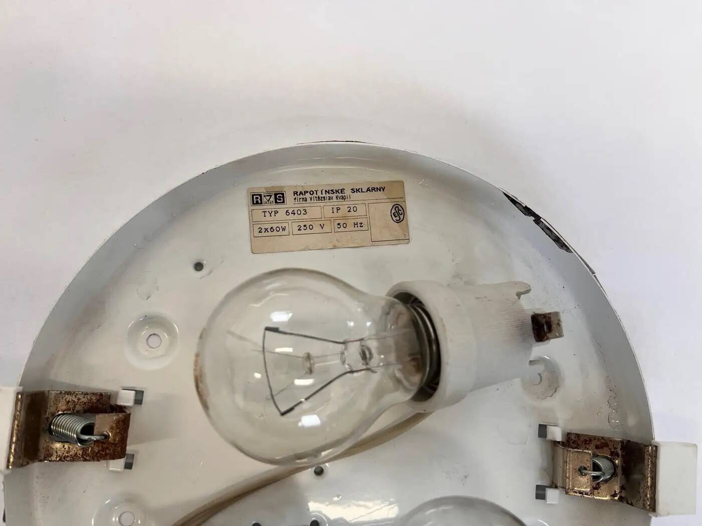 Set of three mid-century milk glass flush mounts or wall lights, Czechoslovakia