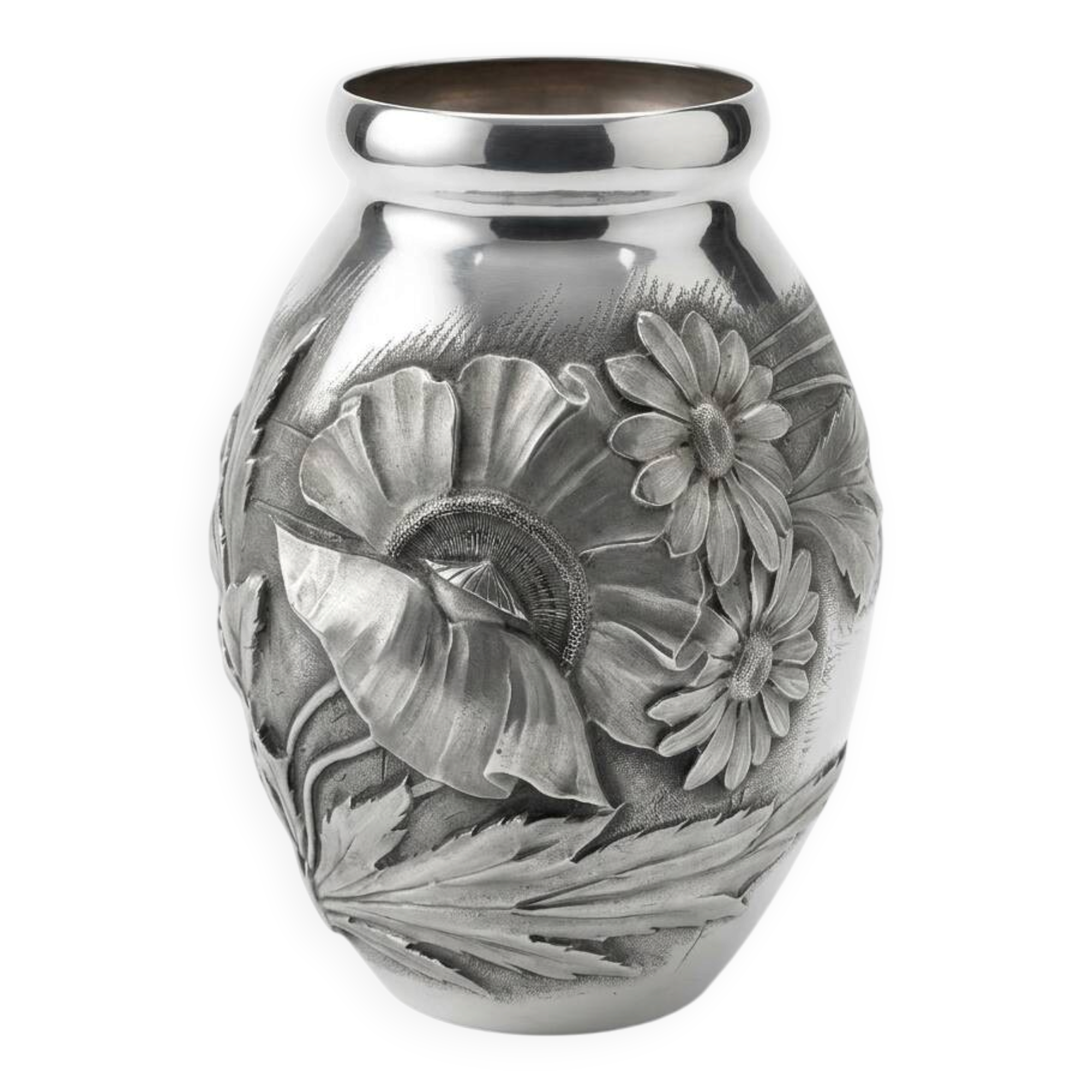 Art Deco vase in repoussé tin Signed Houzeaux Floral decoration 30 cm