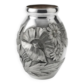 Art Deco vase in repoussé tin Signed Houzeaux Floral decoration 30 cm