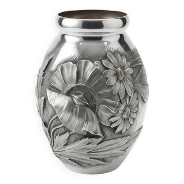 ​Vase Art Déco en étain repoussé  Signé Houzeaux Décor floral  30 cm