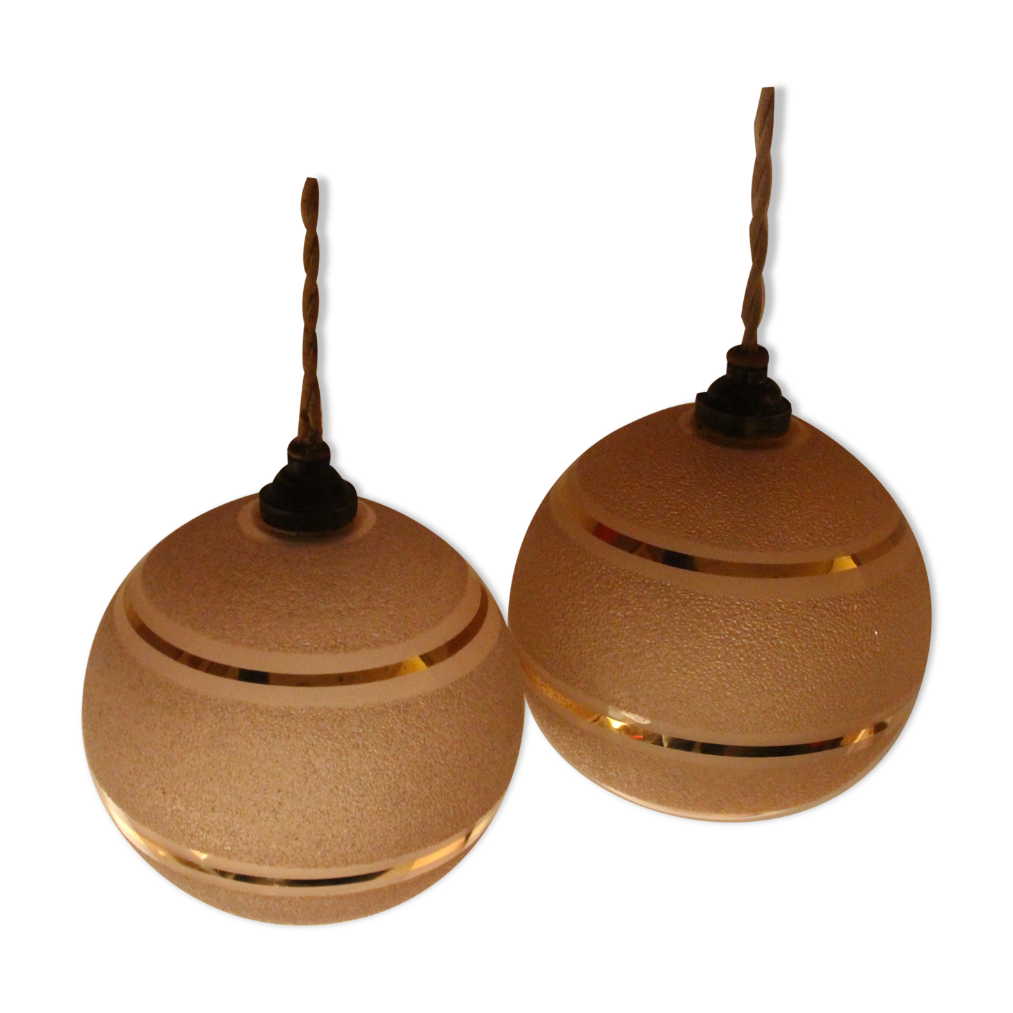 Set of two Art Deco pendant lamps in pink and gold glass