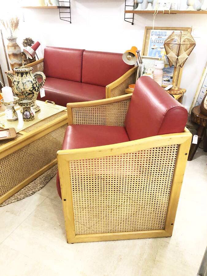 Vintage wooden and cane armchair – 1980s