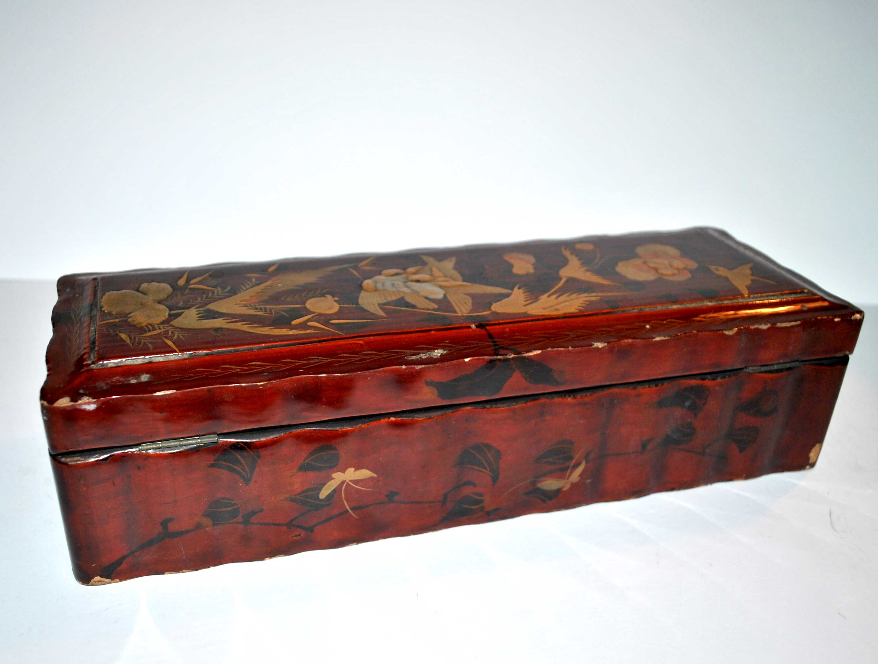 Antique glove box in Red China Lacquer decorated with golden birds