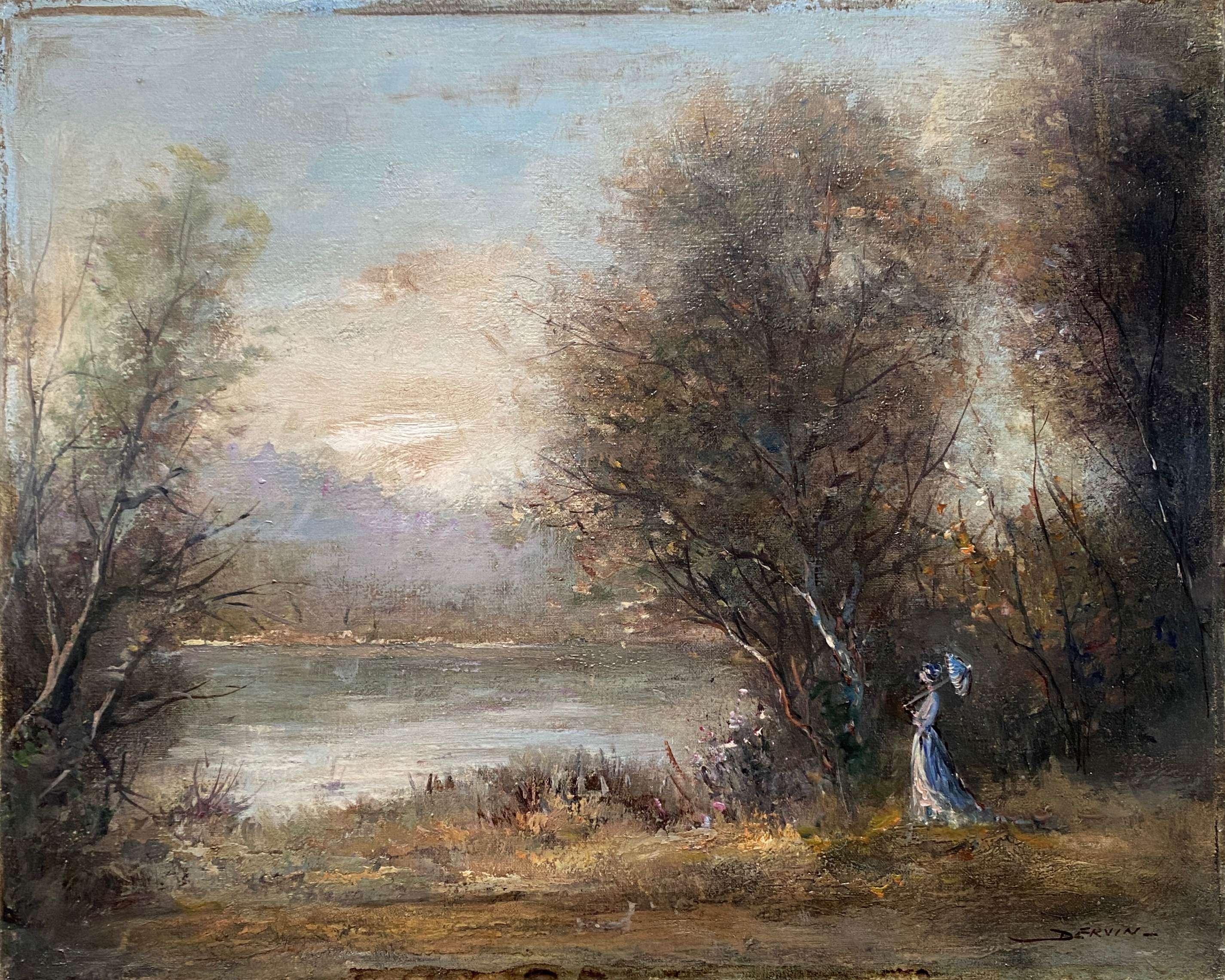 HST painting "The walk, young woman with the umbrella" signed Dervin