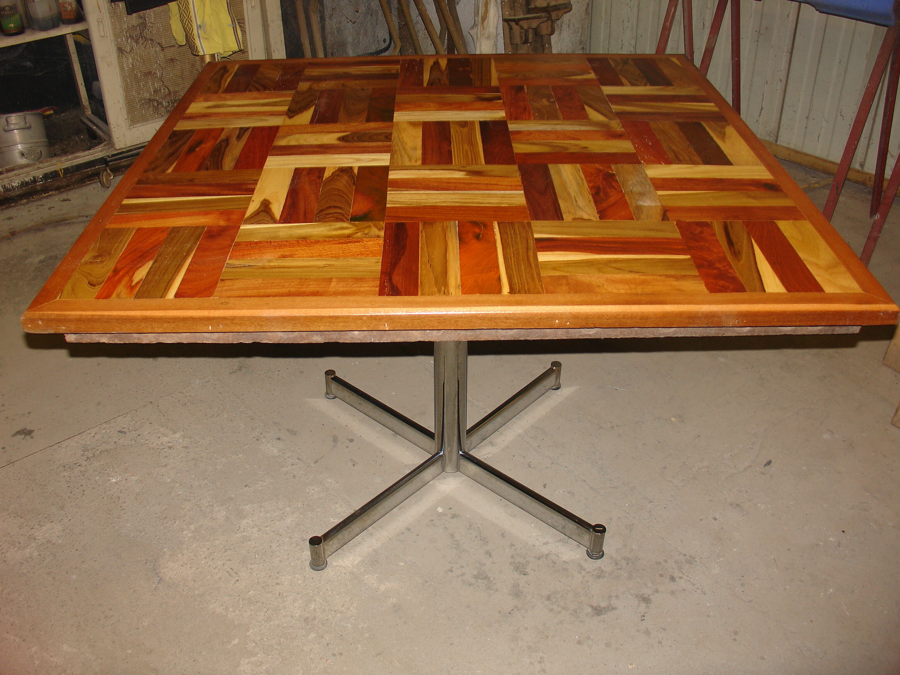 Square table in solid wood mosaic with chrome base, circa 1970