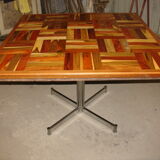 Square table in solid wood mosaic and foot chrome around 1970