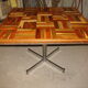 Square table in solid wood mosaic with chrome base, circa 1970