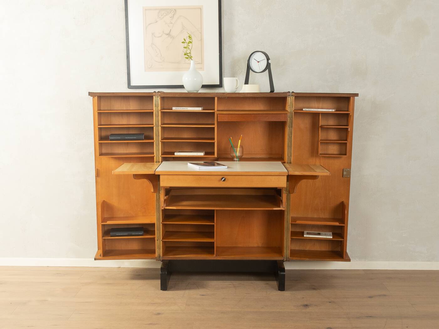 Classic home office from the 1950s, walnut veneer, illuminated interior