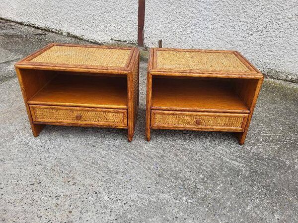 Paire de tables de nuit chevets a tiroirs rotin de maugrion vintage