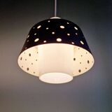 A pair of Scandinavian pendant lights in white opaline and black lacquered metal, 1960.