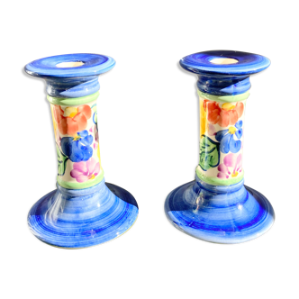 Pair of ceramic candle holders decorated flowers