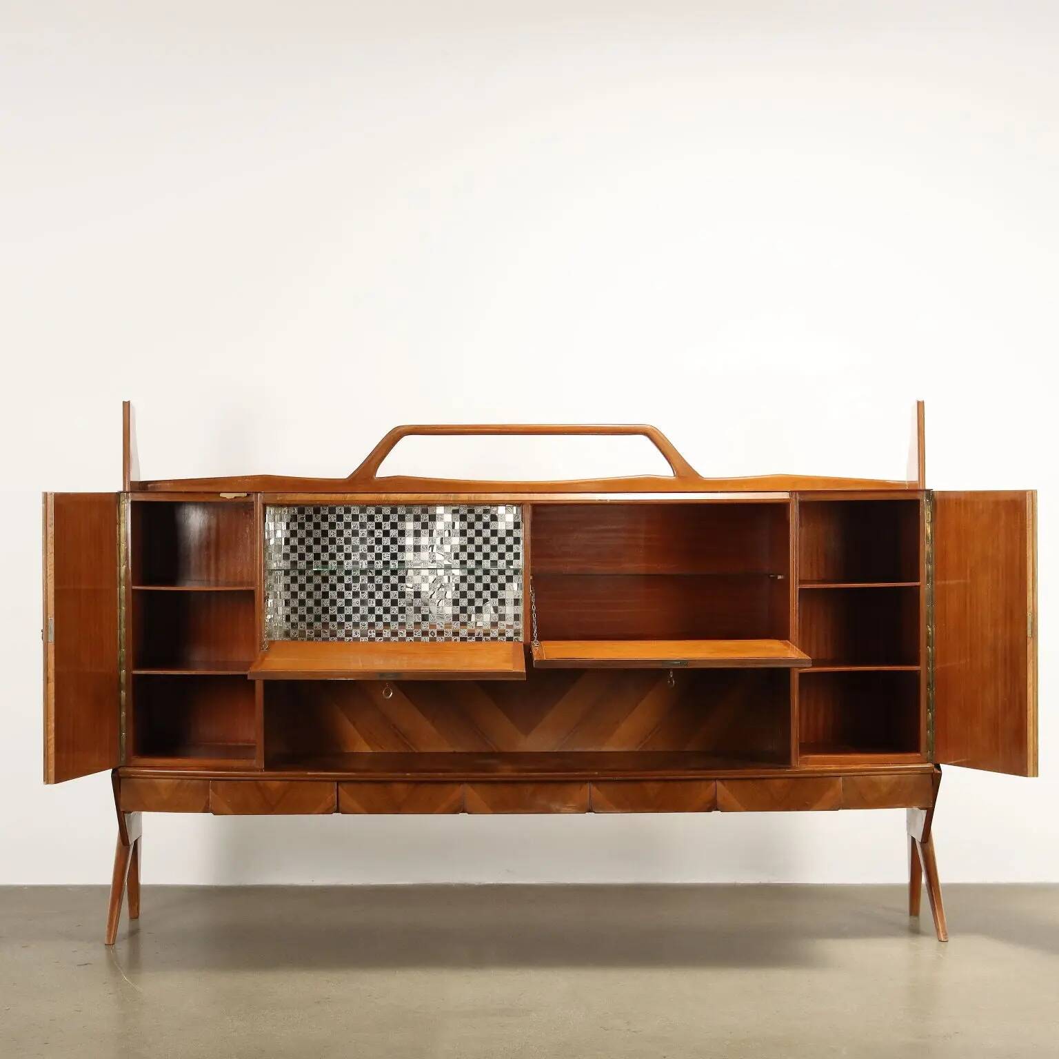 Vintage buffet in walnut veneer and glass, Italy, 1950s-1960s.
