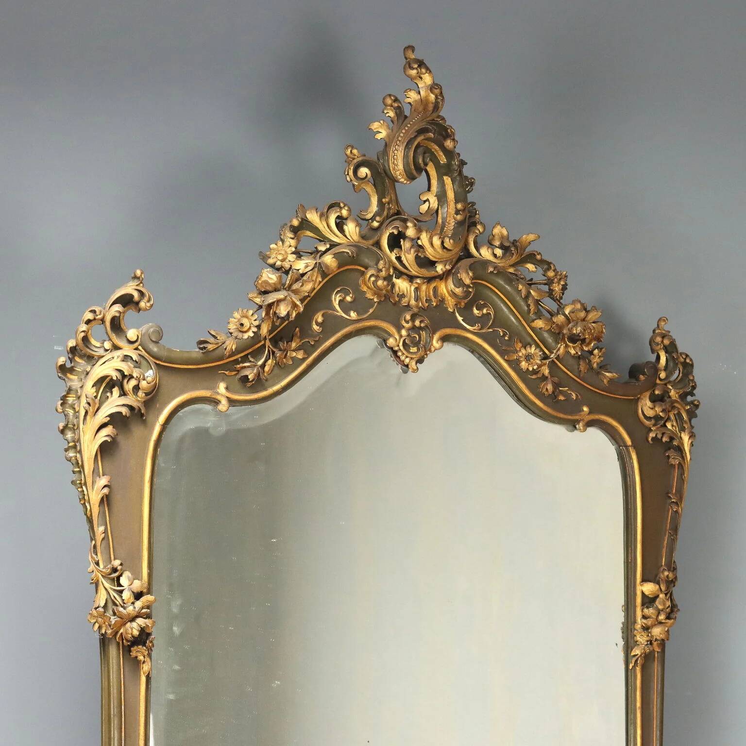 Ancient baroque console with a wooden mirror, Italy, late 19th century.