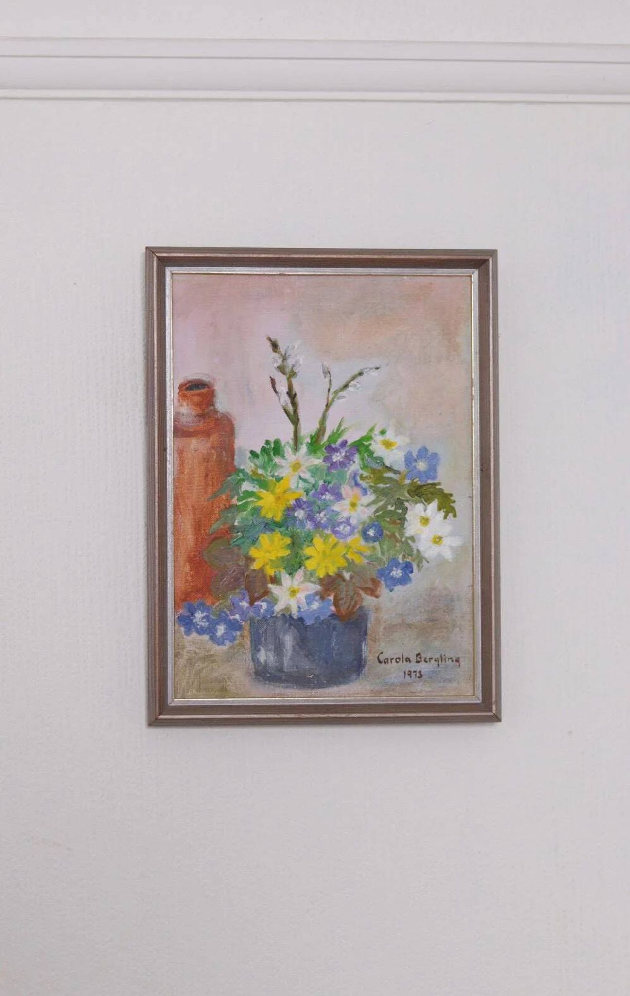 Huile sur toile originale suédoise – « Vase de fleurs » par Carola Bergling