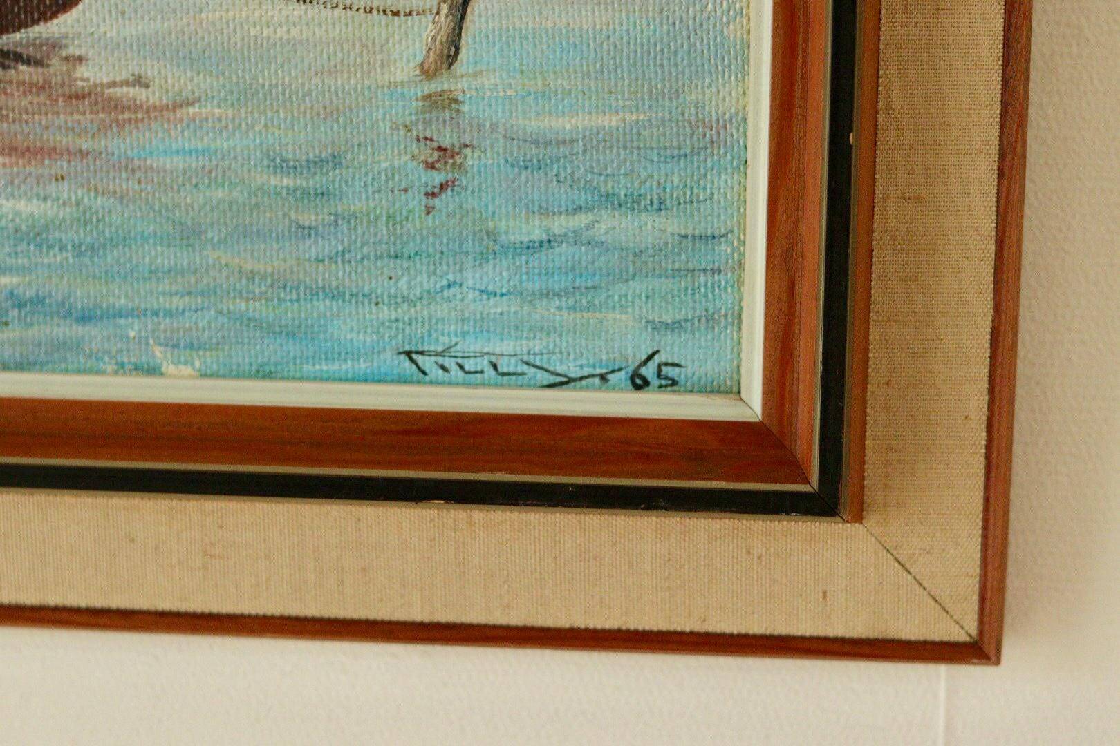 Peinture sur panneau vintage – « Motif bateau et maison »