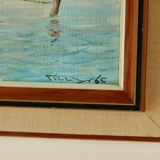 Peinture sur panneau vintage – « Motif bateau et maison »