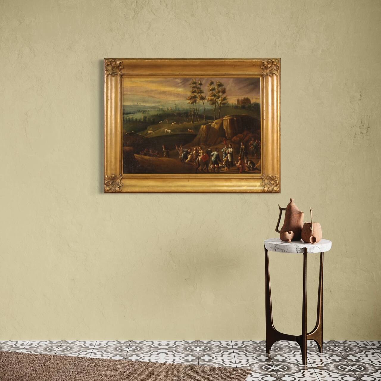 Italian painting landscape with wayfarers from the 18th century