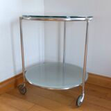 1970s stainless steel pedestal table with two glass tops