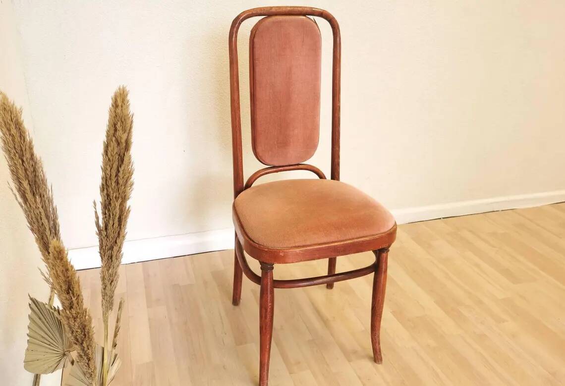 Vintage Thonet Style Bentwood Dining Chair: High Back, Cushioned Seat Pink