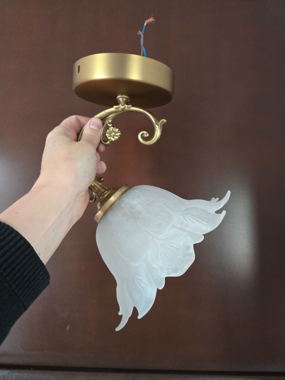 Frosted glass tulip wall sconces with brass arms.