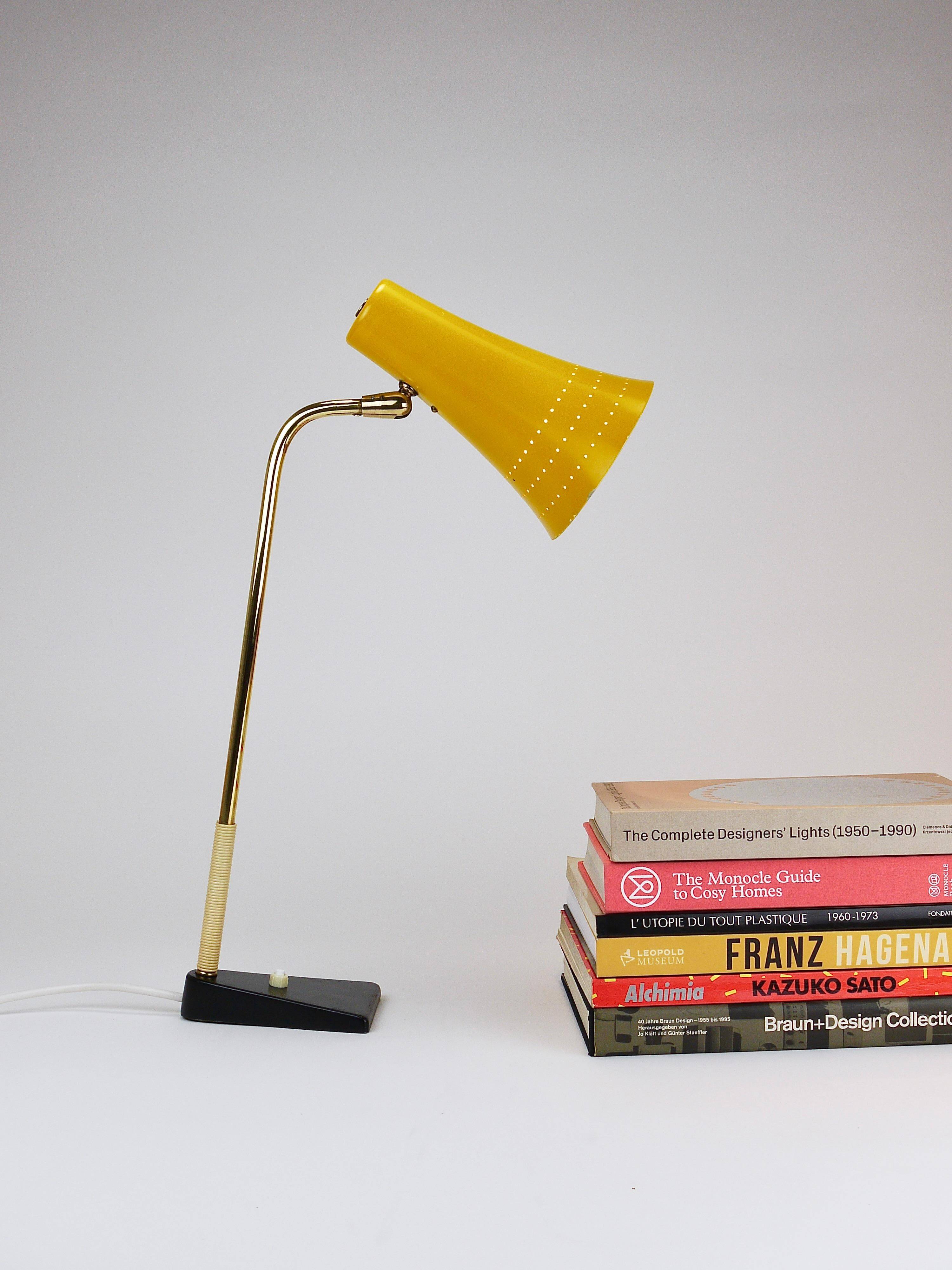Yellow desk, table or accent lamp by J.T. Kalmar, brass and iron, Vienna, Austria, 1950s.