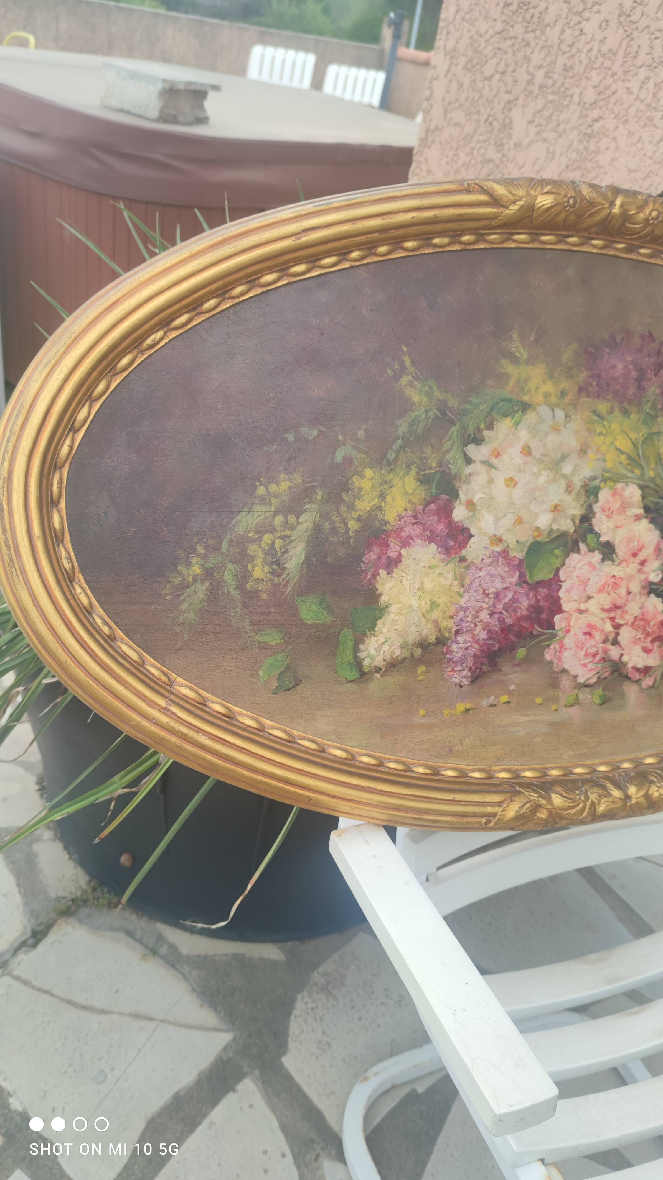 Elliptical table still life bouquet of flowers oil on wood by Lillie Honnorat