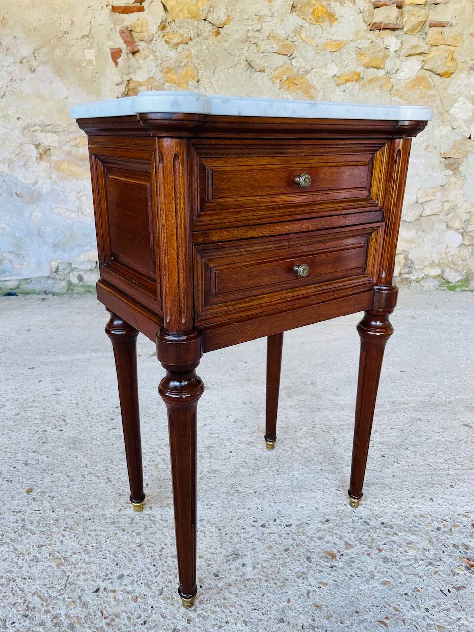 Louis XVI style bedside table, Carrara marble and mahogany