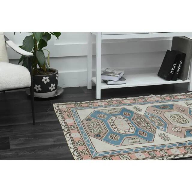 1970s Vintage Turkish Handmade Wool & Cotton Beige Area Rug 115x183