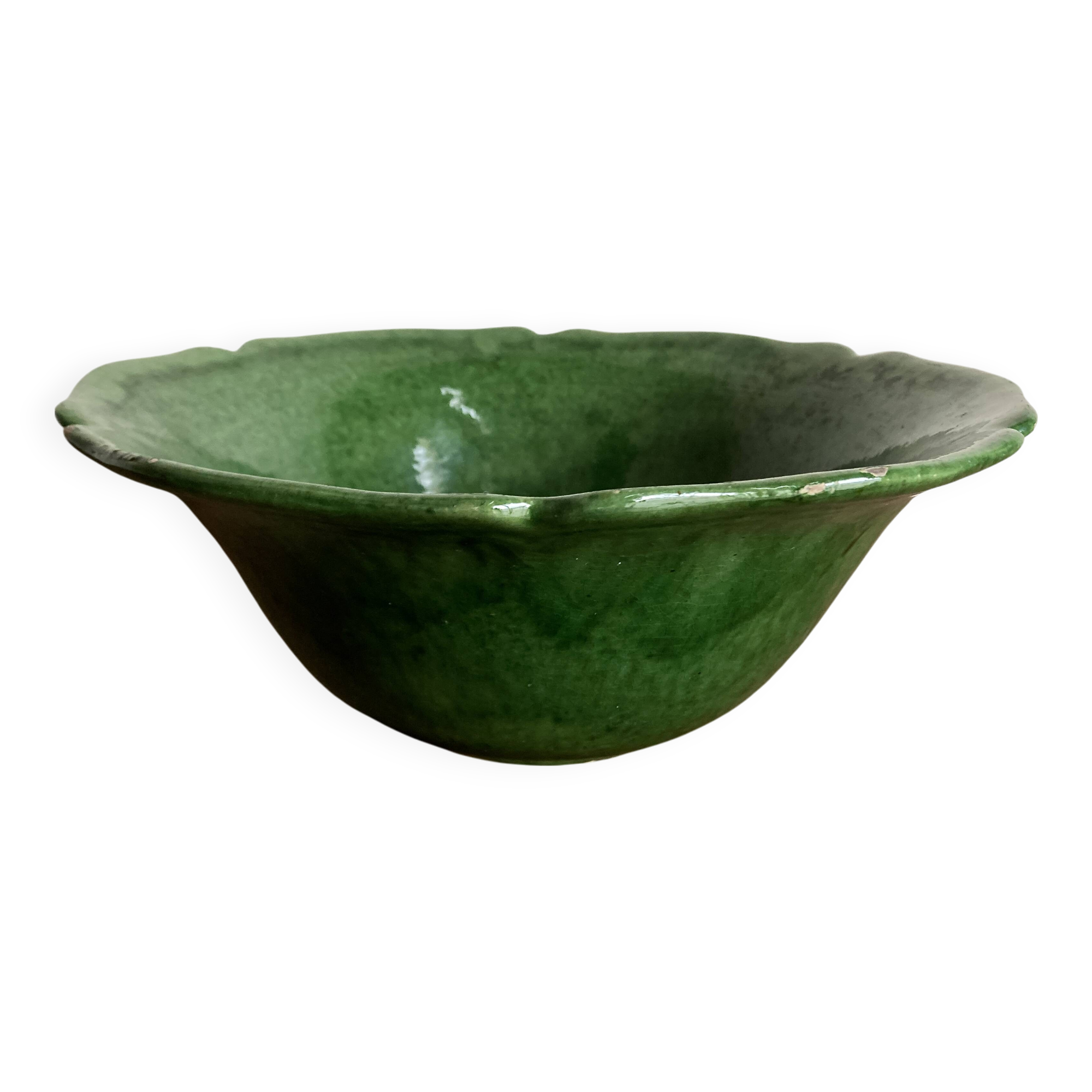 1960s centrepiece bowl in glazed Biot pottery with green scallops XL