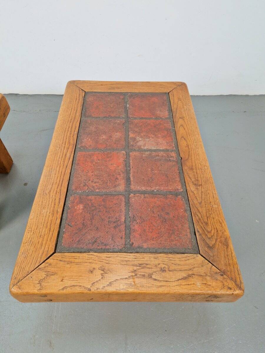 Brutalist Oak Side Table with Terracotta Tiles, 1950s, Set of 2