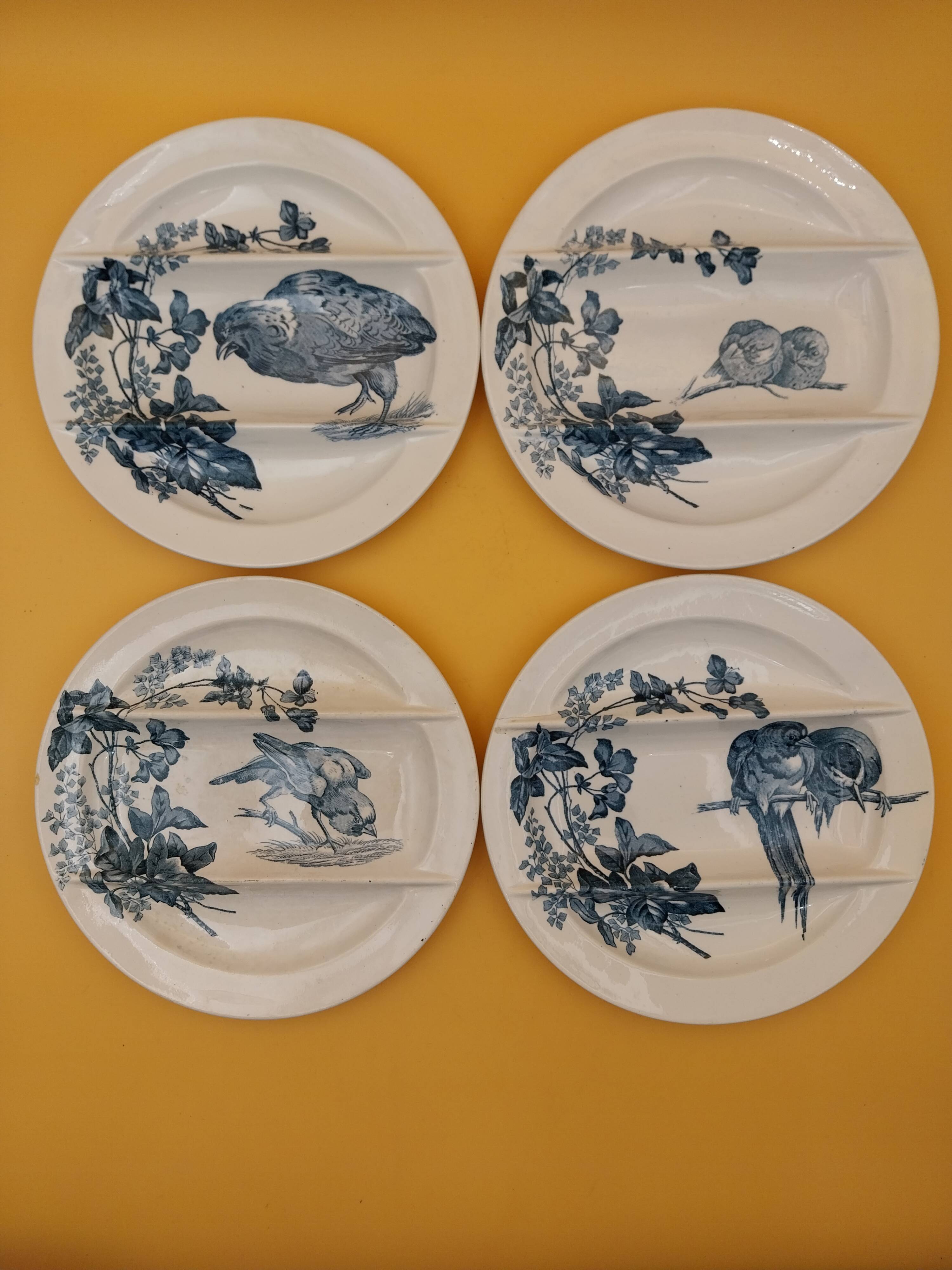4 asparagus plates Longwy model Birds flowers blue decoration