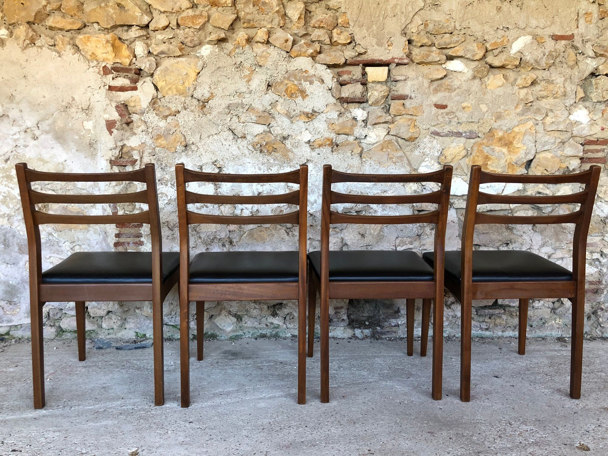 Set of 4 Scandinavian chairs teak and black skai 60s