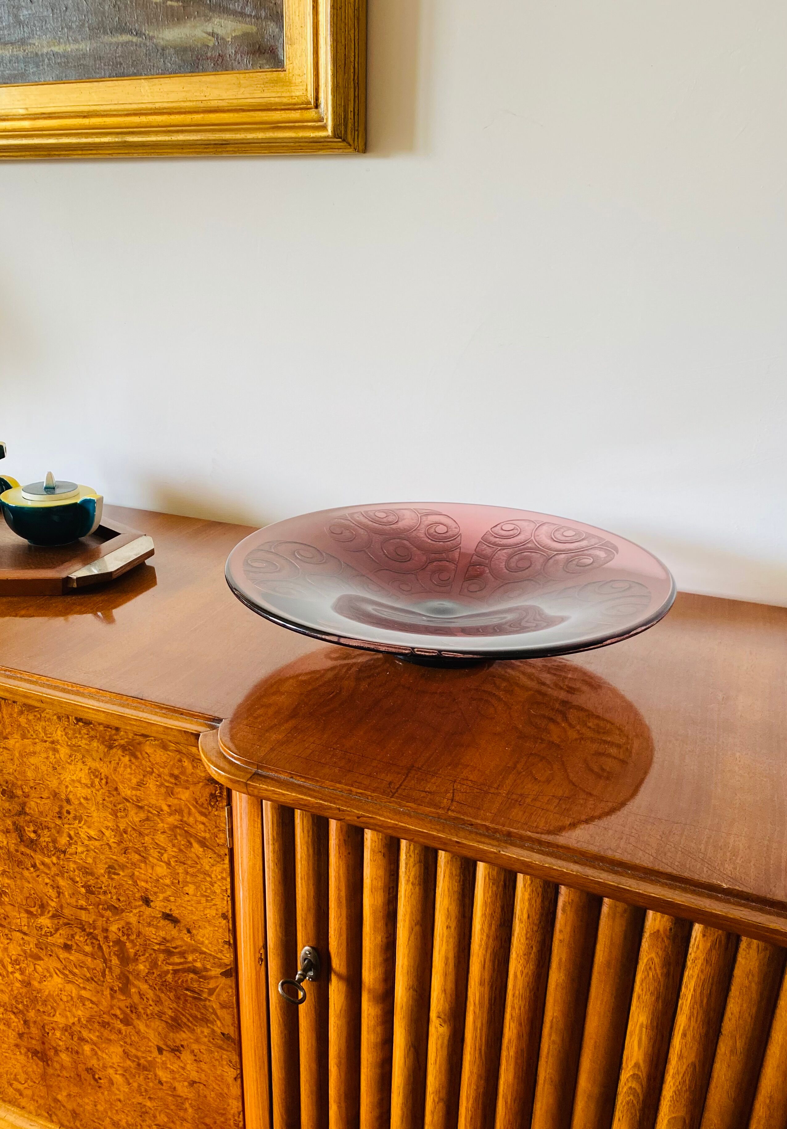 Art deco violet glass centerpiece, Le Verre Francais, Charles Schneider, France, 1930s