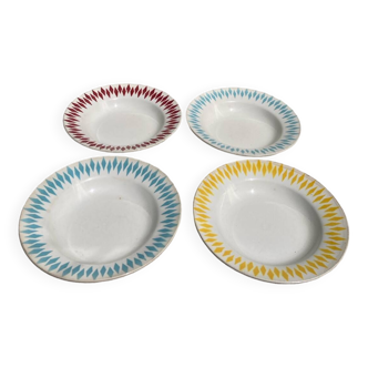 4 old multi-colored soup plates