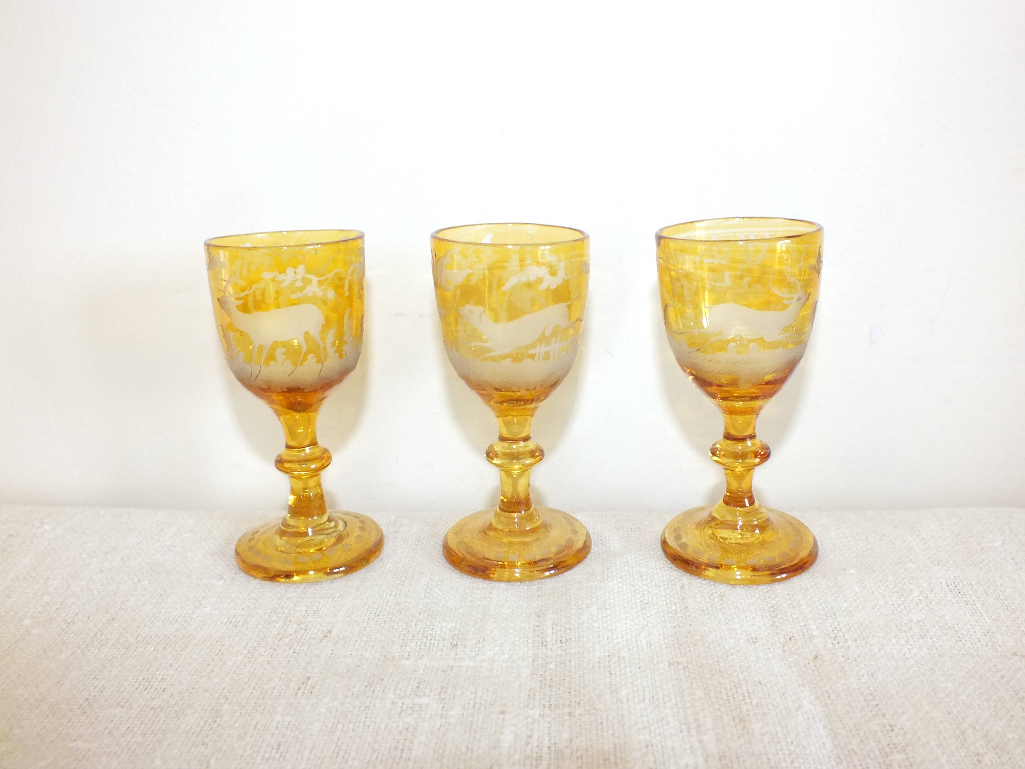 3 amber liquor glasses in Bohemian crystal
