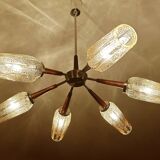 Large Scandinavian pendant light from the 60s, wood, glass, chrome
